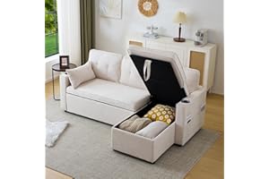 AUTHERIA Divano Letto Matrimoniale 3 Posti con Penisola, Forma di L, Materasso, Braccioli, Vano Portaoggetti e Porta Bevande - Beige