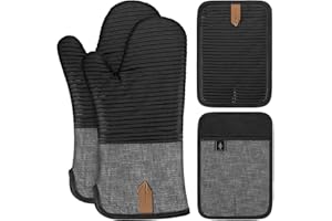 ‎BONTHEE BONTHEE Topflappen Set Ofenhandschuhe Extra Lang Topfhandschuhe mit Anti-Rutsch Silikon Gestreift kochhandschuhe für Kochen Backen - 4er Set - Schwarz