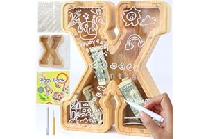 Lakpopya Spardose für Kinder Jungen Mädchen Sparschwein Kinder Spardose Personalisiert Durchsichtig Spardose Buchstabe Holz A-Z mit Zielbereich & Aufkleber & Marker, Taufe Geschenk Dekoration (X)