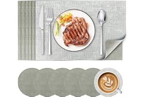 PAVLLEEN Juego de 6 Manteles Individuales y 6 Posavasos de Cuero PU, Lavables, Antideslizantes, Impermeables, Doble Cara, Resistente al Calor – 43 x 30cm (Gris Plateado + Gris Claro)