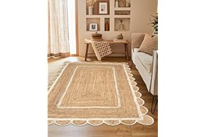 The Home Talk Scalloped Jute Rectangular Rug - Natural Fiber Scallop Rug Rustic Vintage Braided Handwoven Indoor Carpet for Entryway/Kitchen/Frontdoor (Natural & White, 120 x 180 cm)