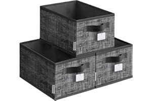 SONGMICS Collapsible Storage Boxes, Set of 3 Fabric Storage Baskets, 30 x 20 x 15 cm, Wardrobe Storage Organisers, 2 Handles, Label Holders, for Bedroom, Living Room, Ink Black ROB415B01