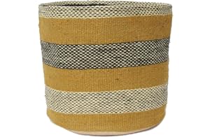MOHIL DECOR Jute Planter Basket Woven Basket for 8" Flower Pot Floor Indoor Planters, 10” x 10” Storage Organizer Basket Rustic Home Decor, Boho Storage Earth-Friendly Planter (10x10 Inches, Yellow Strip 25)