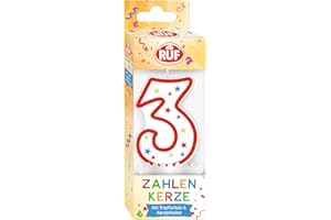 ‎RUF LEBENSMITTELWERK RUF Zahlenkerze Nummer 3, rote Geburtstags-Kerze mit bunten Sternchen, hochwertige Jubiläums-Kerze mit Tropfschutz, ideal als Kuchen Deko, 1 Stück