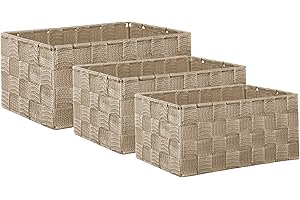 Brandsseller set di 3 Scatole Portaoggetti – 22x15x11 cm, 21x13x9,5 cm, 19x11x8,5 cm – Cestini rettangolari senza coperchio – intrecciati in effetto rattan con struttura in metallo – Beige