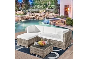 Aweather 5 Piece Patio Conversation Sets Outdoor Rattan Garden Furniture Outdoor Corner Sofa Set, With White Cushions & Glass Coffee Table