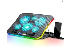 TopMate C12 Ventilateur PC Portable RGB de Jeu Bureau, Refroidisseur pour Ordinateur Portable 15,6-17,3", Support de Refroidissement avec 8 Hauteurs Réglables et 6 Ventilateurs- LumièreLED Glace Bleue
