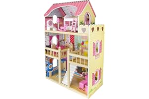 Leomark Casa Residence delle Bambole, Sogno Mansion in Legno, Mobili e Accessori, 4 Bambole incluse, Dolls House con bamboline, Giocatollo per bambini, Altezza: 90cm