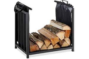 Relaxdays Leñero Interior con Bolsa, Diseño Moderno, Metálico, Chimenea, Almacenaje Leña, Acero, 50 x 51 x 37 cm, Negro, Poliéster