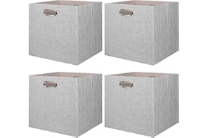 BinWhiz 4 Pack Collapsible Linen Storage Cubes - 33x33x33 cm Fabric Bins for Kallax Shelves, Cabinet, Bookcase, Closet - Versatile Home Organizer Boxes for Decor and Laundry (Grey)