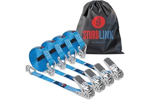 Cinghie a Cricchetto con Ganci 25mm 5m LC 400kg/800kg, Chiusara a Strappo e Borsa. Cinghie di Fissaggio per Portamoto o quad, Rimorchi, Ancoraggio Tramite Anello di Fissaggio. [x4] EN12195-2 Sturdlink