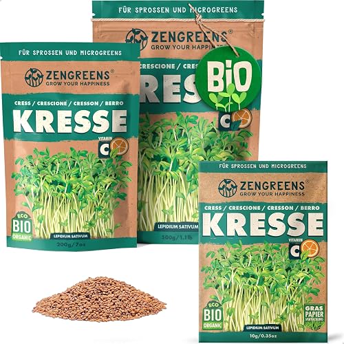 ZenGreens® Organic Cress Sprout Seeds, Choose between 10 g, 200 g and 500 g, Cress Seeds, Germination Rate of Over 96%, Organic Cress Seeds for Sprouting, Resealable Packaging