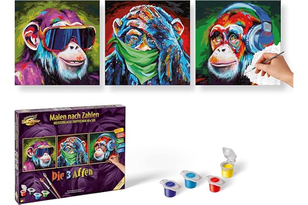 Schipper 609470859 Peinture par numéros Les Trois Singes - Images pour Adultes - avec pinceaux et peintures acryliques - 40 x 120 cm