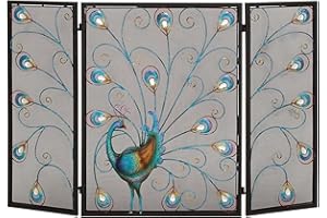 Deco 79 Metal Peacock Foldable Mesh Netting 3 Panel Fireplace Screen with Crystal Accents, 48 Inch x 1 Inch x 32 Inch, Black