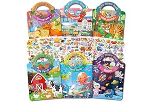 Elfew 6 libros de pegatinas reutilizables, 3D reutilizables para niños de 2 a 4 año, pegatinas para niños, dinosaurios, mundo submarino, granja, animales salvajes, automóviles, espacio