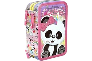 Julian Ross Panda Licorne Candy Trousse Fille, Étui Triple rempli, 45 Accessoires d'École Primaire, 20 Centimètres, Colle en bâtonnet, Mine+, 3 Fermetures Éclair, Compartiments Organisés