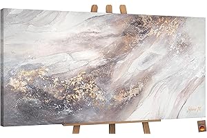 YS-Art Pittura acrilica su tela Rilassarsi Soggiorno arte astratta moderna testuale in grigio-beige con oro Dipinta a mano Arte murale 200x100 cm