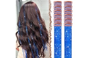 ‎FESHFEN FESHFEN Clip in Hair Tinsel, 12 Stück Blau Glitzer Haarsträhnen Kit Glitzersträhnen FesteParty Haartinsel Haarverlängerungen Fairy Hair für Mädchen, 50 cm