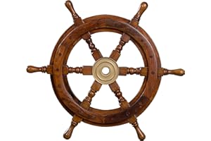 BIRENDY Volant décoratif en bois avec moyeu en laitonDe la taille S à la taille XLAspect nautique, bateau, navire, marin, Bois, marron, Größe M - 39 cm