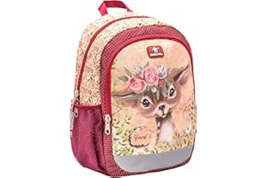 Belmil Kindergartenrucksack mit Brustgurt und Namensschild für 3-6 Jährige / Mädchen / 12 L / Krippenrucksack Kindergartentasche Kindertasche / Ren / Rot, Gelb (305-4/A Animal Forest Bambi)