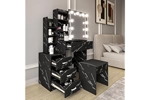 Blisswood Dressing Table With Led Lights,Vanity Makeup Table With Mirror & Stool, 4 Drawer 3 Shelves Storage Unit Cosmetic Bedroom Dresser Make Up Desk Stool For Bedroom Furniture (Marble Black)