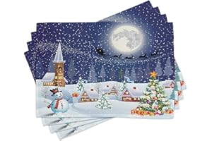 ABAKUHAUS Weihnachten Platzmatten, Winterlandschaft, Waschbare Stoff Esszimmer Küche Tischdekorations Digitaldruck, Lila Grau Weiß