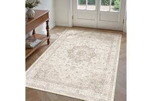 PureCozy Vintage Washable Beige Rugs Living Room Area Rug 140x200cm Bedroom Large Non Slip Soft Carpet Kitchen Bedroom Dining Room Office Indoor Low Pile Carpets