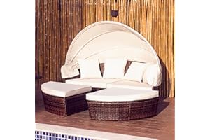 VONLUCE 4 Piece Modular Wicker Garden Daybed, Outdoor Sectional Sofa Set with Rattan Daybed or 4 Chairs, Retractable Canopy and Pillows, Beige