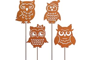JYUECIAN Eulen Deko Gartenstecker Herbst Rost Deko Herbstdeko 4er Edelrost Metall Eule Uhu Kauz Roststecker Gartendeko für Draußen