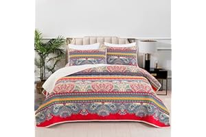 Lunoroey Quilted Bedspreads Bohemian Bedapread King Size Coverlet Red Floral Patchwork Quilt Bed Throws with 2 Pillowcases for All Seasons
