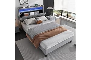 JOVIFY 3ft Single Bed Frame Upholstered Platform Bed with Storage Headboard&LED Lighting&Charging Station, Metal-Wood Support, No Box Spring Needed, Grey Velvet Fabric Youth Beds for Adults Kids Teenagers