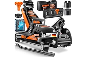 MASKO® Cric hydraulique Hauteur de Levage Plate + 2X Coussinets en Caoutchouc + Gants Cric de manœuvre Automobile hydraulique à Rouleaux 360° Cric sous châssis 2.5 Tonnes - Orange