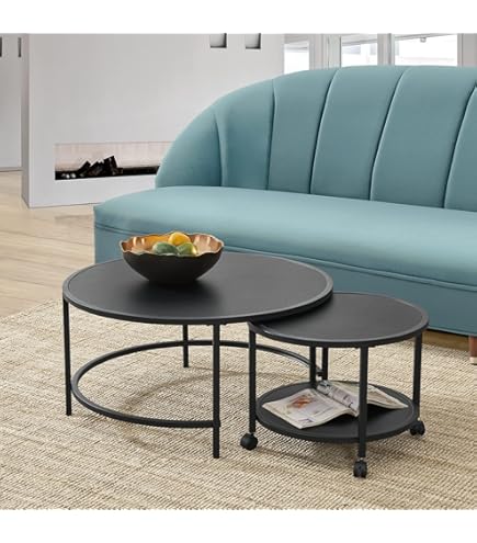 Tables Basses, Lot De 2, Tables D'Appoint Rondes, Rangement Discret Et Plateau Pour Salon Chambre Balcon Marron Rustique Et Noir Encre 92593226