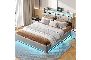 BRILVERDE Letto imbottito 140x200 con contenitore, letto matrimoniale con illuminazione a LED, ricarica USB, testiera con tasche laterali, ripiani, letto per ragazzi con rete a doghe, velluto grigio