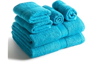 SweetNeedle 6 Piece Towel Set - 2 Bath Towels, 2 Hand Towels and 2 Washcloths Cotton Daily Use Hotel Spa Quality Soft Highly Absorbent Quick Dry Light Weight (Cyan Blue)