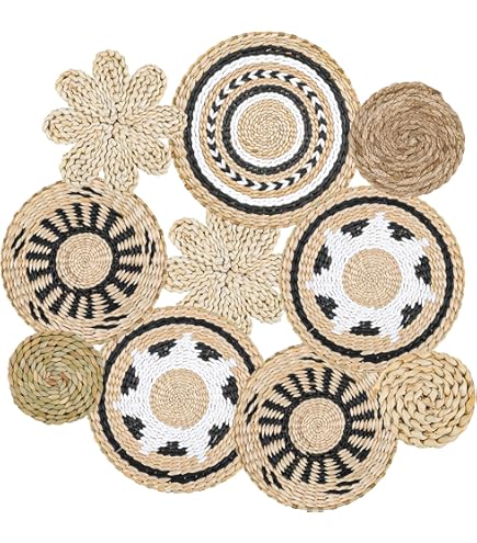 Set 7 Decorazioni Parete Boh&eacute;mien In Rattan - Cestelli Rotondi Handmade Per Camera, Soggiorno, Ufficio