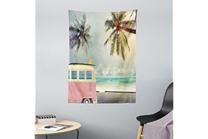 ABAKUHAUS Surf Arazzo, Retro Minivan sulla Spiaggia, Decorazione murale in Tessuto per Camera da Letto, Soggiorno, dormitorio, 110 x 150 cm, Multicolore Rosa