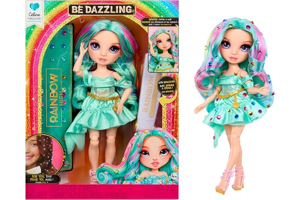 RAINBOW HIGH Be Dazzling - Celine Turquoise - Poupée Mannequin Bleu Sarcelle de 28 cm avec Outil d'Éblouissement, Pierres Précieuses Scintillantes et Accessoires de Stylisme