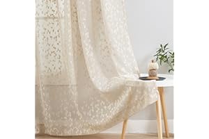 TREATMENTEX Lace Sheer Curtains Beige for Bedroom Elegant Floral Rod Pocket Living Room Curtain Panels Knitted Leaf Patterned Light Filtering Privacy Airy Semi Sheer Window Treatment Sets, 52"W x 90"L, 2pcs