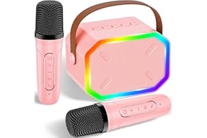 SIMPIM Karaoke Machine for Kids with 2 Microphones, Portable Kids Karaoke Machines for Girls with LED Party Lights,Bluetooth Speaker Toys Birthday Gifts for 3 4 5 6 7 8 9 10-12+Years Old Girls Boys(Pink)