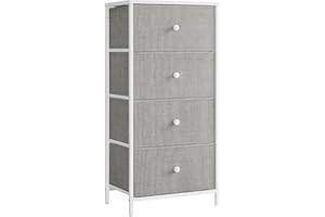 SONGMICS Chest of Drawers Bedroom, Drawer Storage Unit, Dresser with 4 Fabric Drawers, Metal Frame, Tall and Slim, for Closet, Dove Grey and Cream White LTS314L10