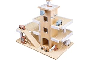 Mamabrum Garage Voitures en Bois Parking 3 Niveaux | Jeu d'Imitation Ascenseur Mobile & Piste d'Atterrissage | Accessoires: 4 Voitures & Hélicoptère | Peintures Ecologiques | Certifié CE & en