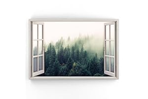 Estika - Cuadros de lienzo con vistas a la ventana - bosque, niebla - 120 x 80 cm - 1 pieza mural, imagen sobre lienzo, decoración moderna para salón dormitorio - cuadros paisajísticos naturales -