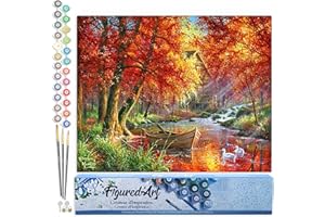 Figured'Art Peinture par Numéro Adulte Rivière d'automne et barque - Activité Manuelle Kit de Loisir Créatif DIY Numéro d'Art Complet - 40x50cm sans châssis en bois