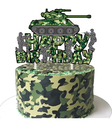 Military Birthday Cake Topper - Black Glitter Army Soldier Camo Theme Cake Decoration (15x15cm)