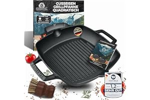 KAISERTAL® Grillpfanne inkl. Reinigungsbürste - 26cm Premium Grillpfanne Gusseisen. Die Gusspfanne ist Induktionsgeeignet, Voreingebrannt und Backofengeeignet. Inkl. Rezeptbuch