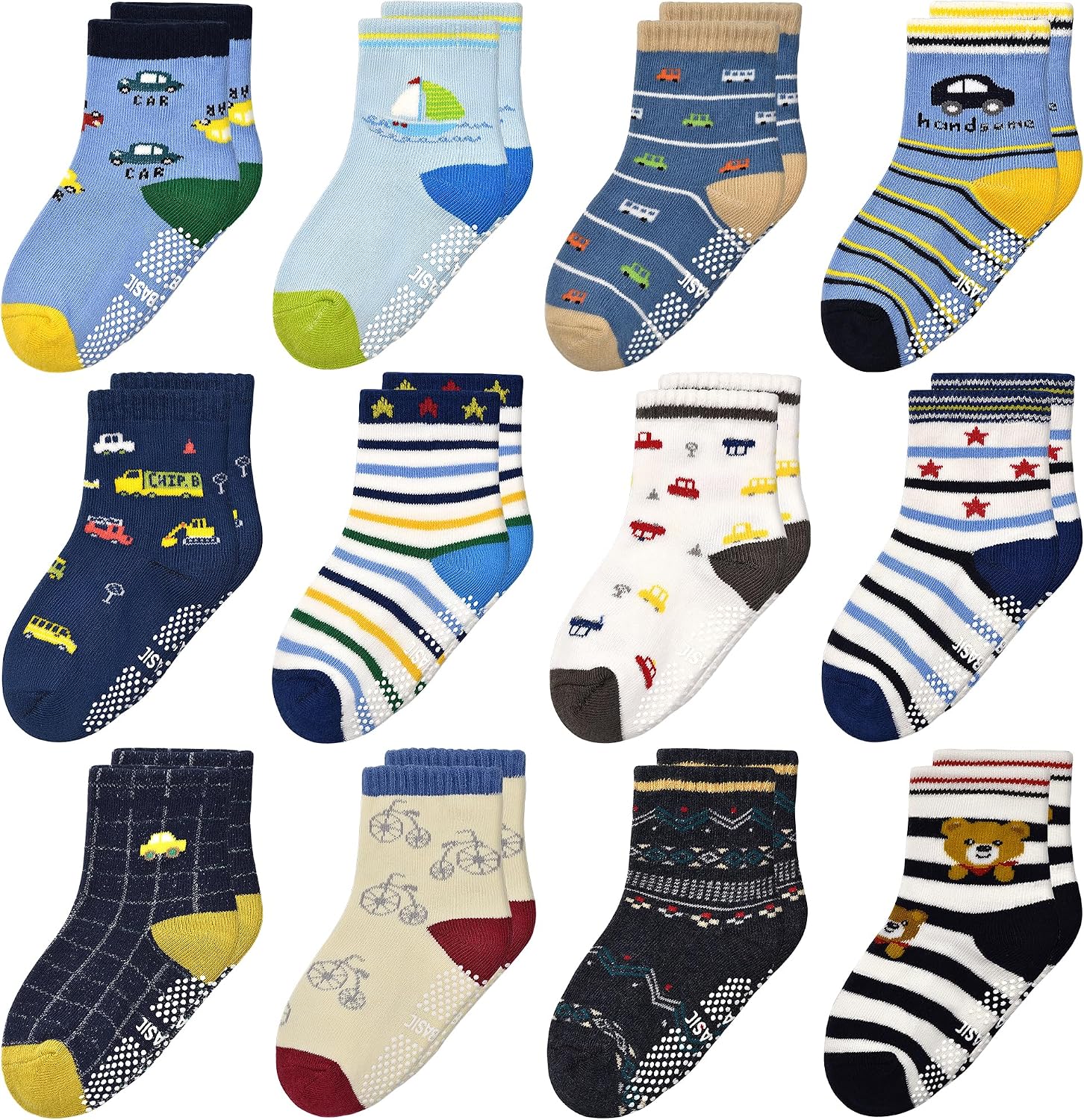 HYCLES Baby Girp Socks 12 Pairs for Boys Girls 0-7 Years Toddler Infant Kids Children Non Skid Anti-slip Socks