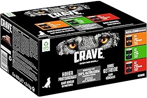 Crave Karma dla dorosłych psów w formie pasztetu, 6 puszek, 6 x 400 g – mokra karma dla psów w 3 różnych odmianach, wyprodukowana w 100% z naturalnego białka, bez dodatku zbóż