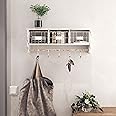 HBCY Creations Wall Mounted Shelf with Coat Hooks and Baskets, Solid Wood Entryway Organizer Wall Shelf with Hooks - Hang Coats, Keys or Coffee Mugs, Rustic Whitewashed 24" Wide