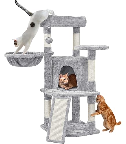 KIYUMI Cat Tree Cat Tower Condo With Sisal Scratching Post For Indoor Cats Cat Tree Cat Furniture With Hammock Perch And Kitten Ball Toys, Multi-Level Pet Activity Center Grey